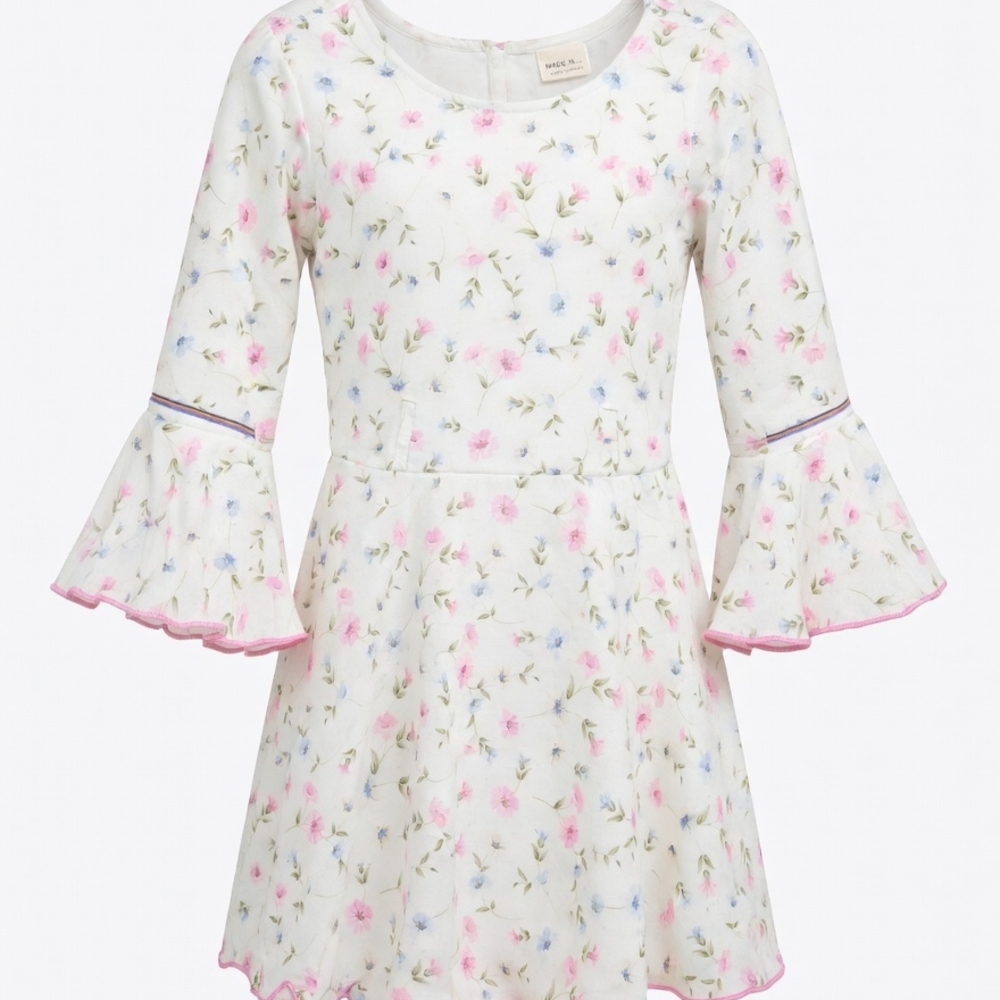 Girls' Floral Bell-Sleeve Dress - White with Pink & Blue Flowers Bin 02